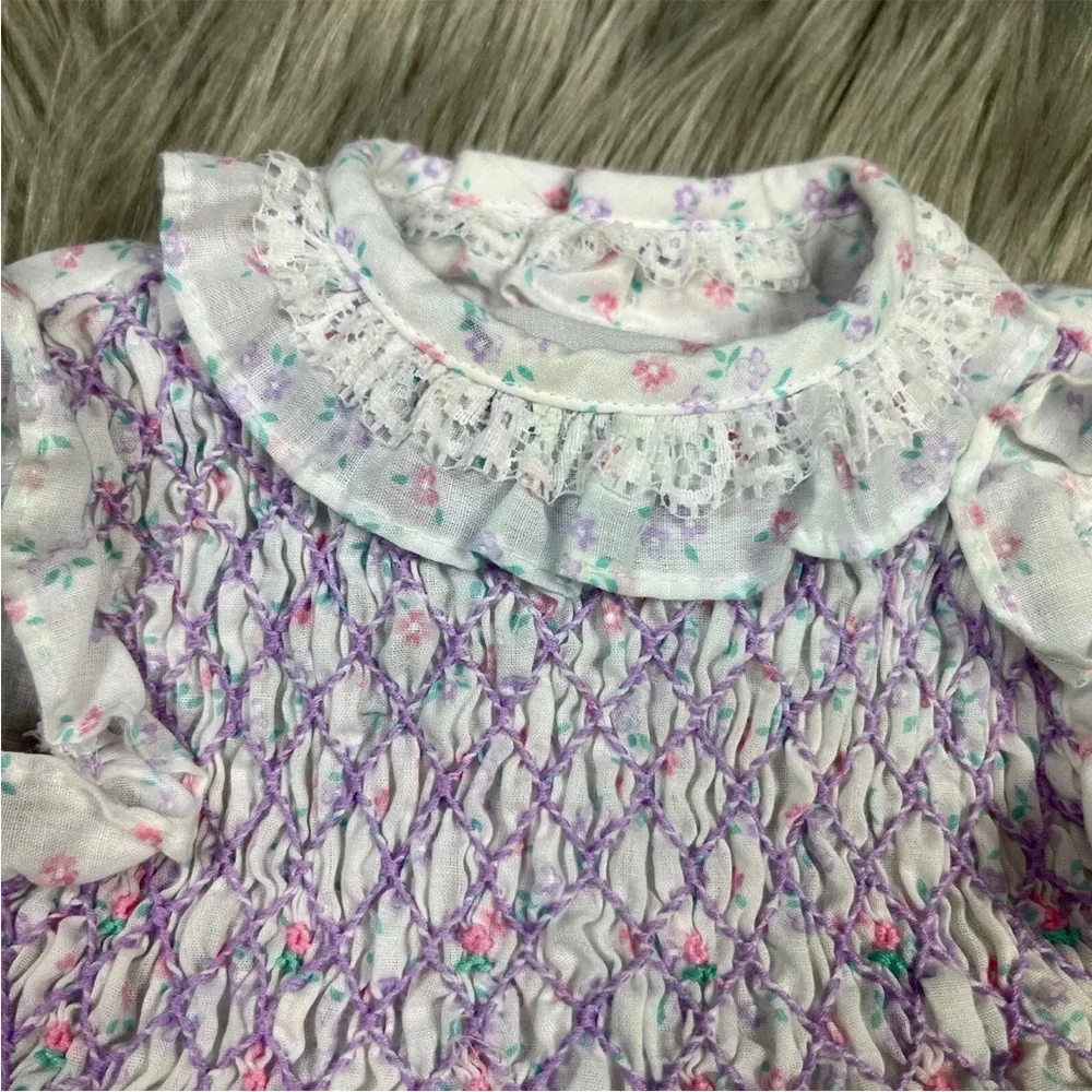 Vintage Polly Flinders White Smocked Floral Ruffle Tie Back Baby Girls Dress